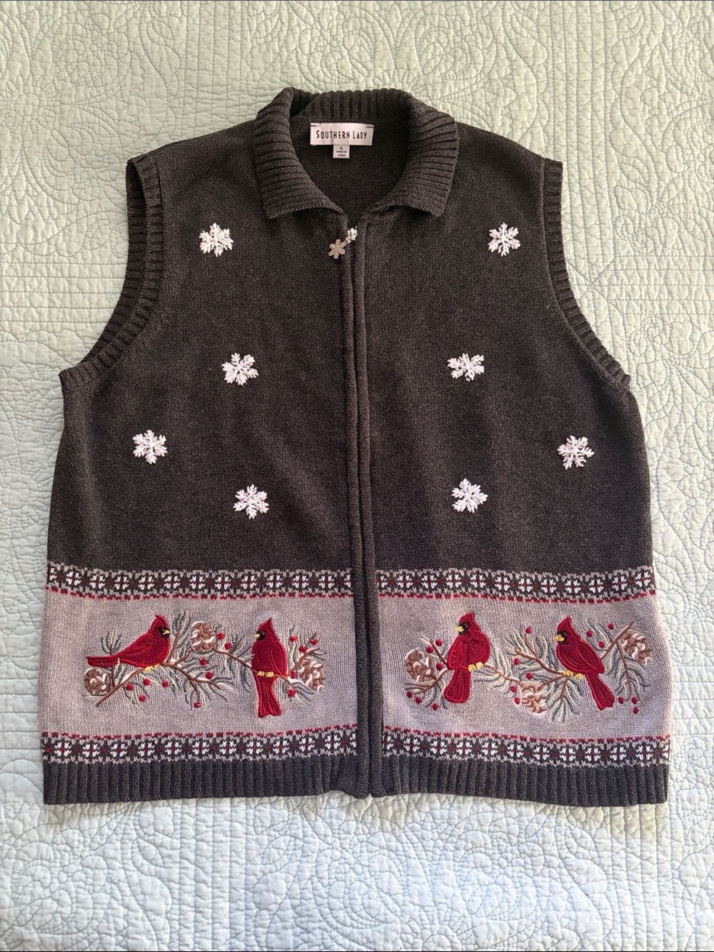 Southern Lady Gray Knit Zip-Up Vest with Red Cardinal Motif